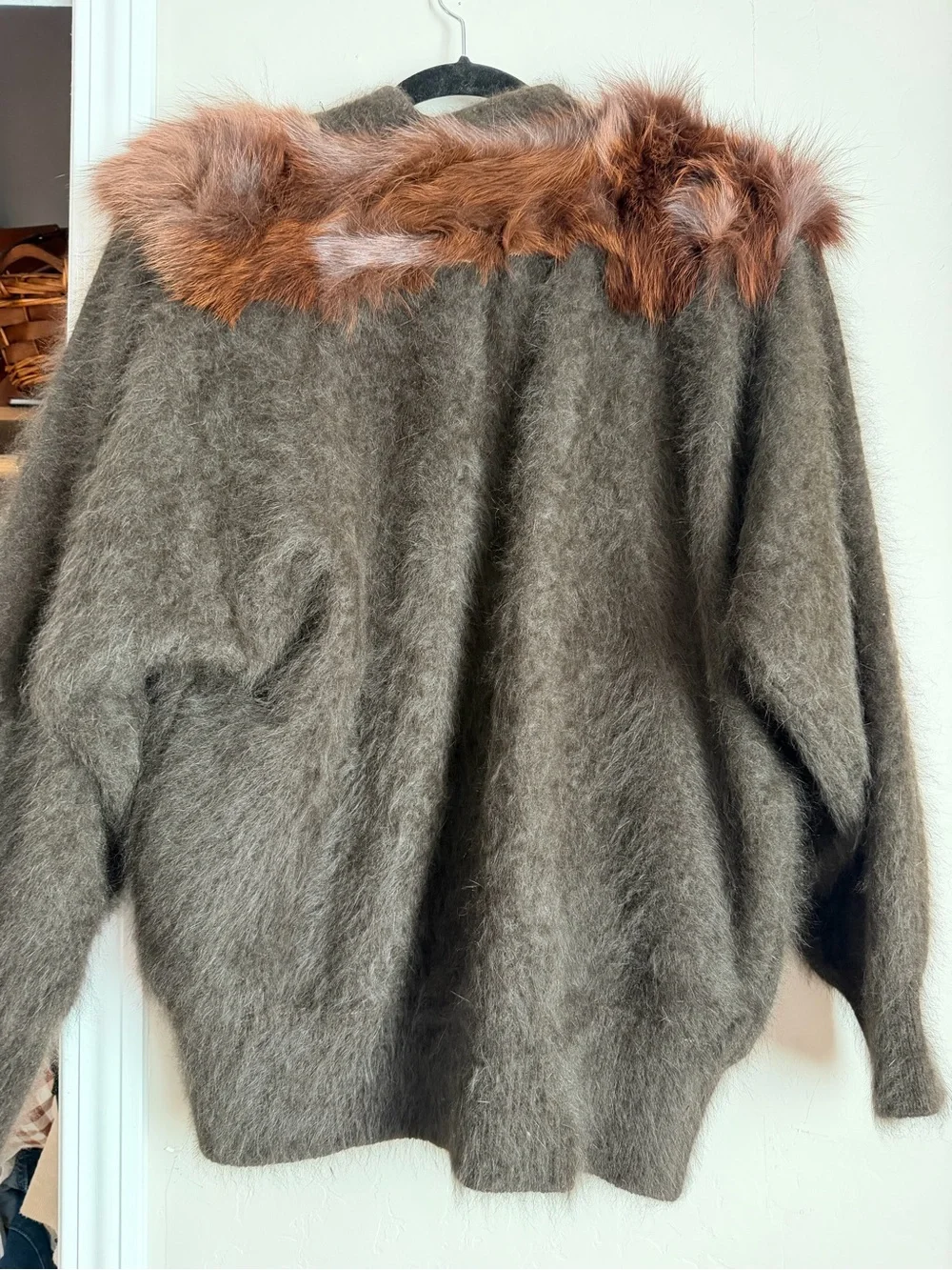 Vintage 1950s/60s Trapeze Junior Angora Wool Knit Jacket Beaded Fur Trim M/L